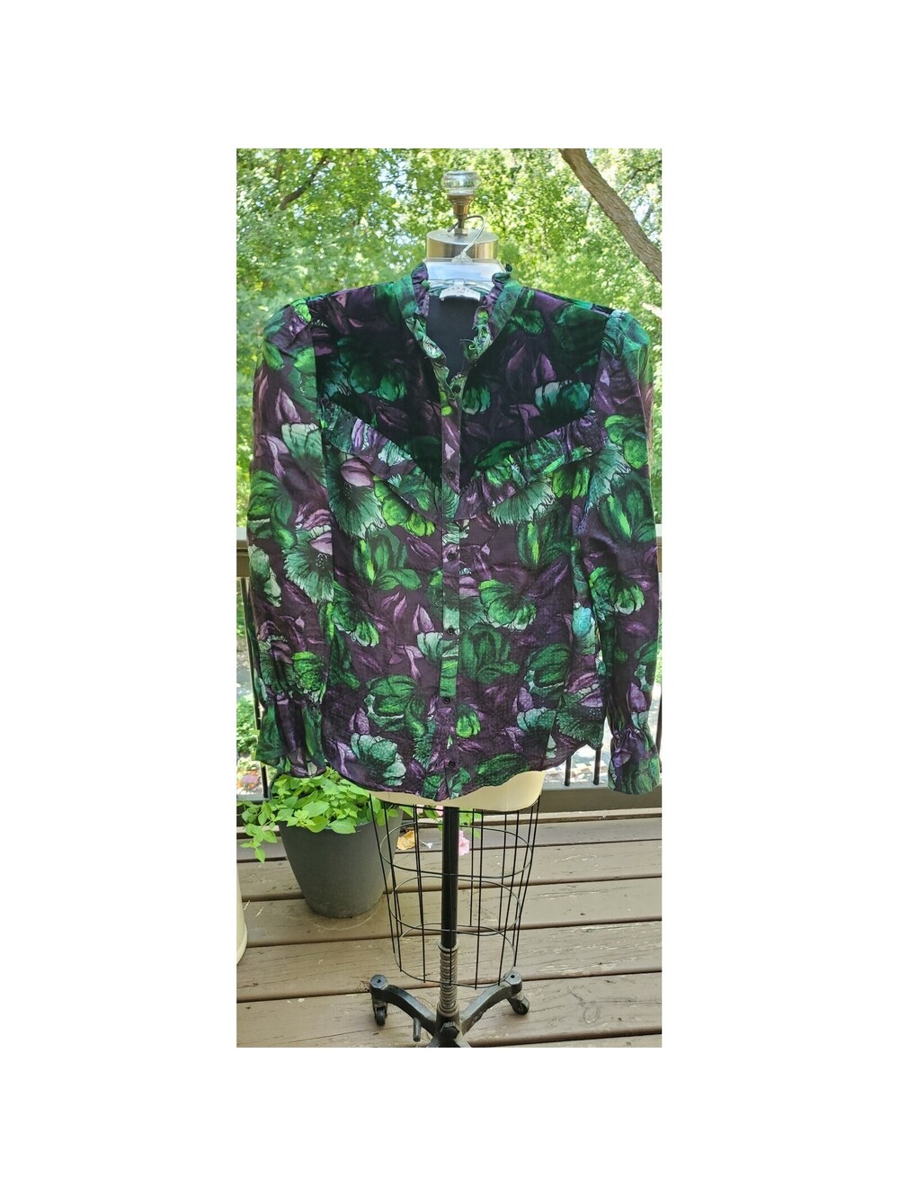 Sandro Paris Floral Ruffle High Neck Blouse Purple Green Western Yoke C11502H-60